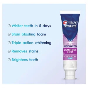 Crest 3D Toothpaste Advanced Luminous Mint Whiter Teeth in 5 Days 3.7 OZ