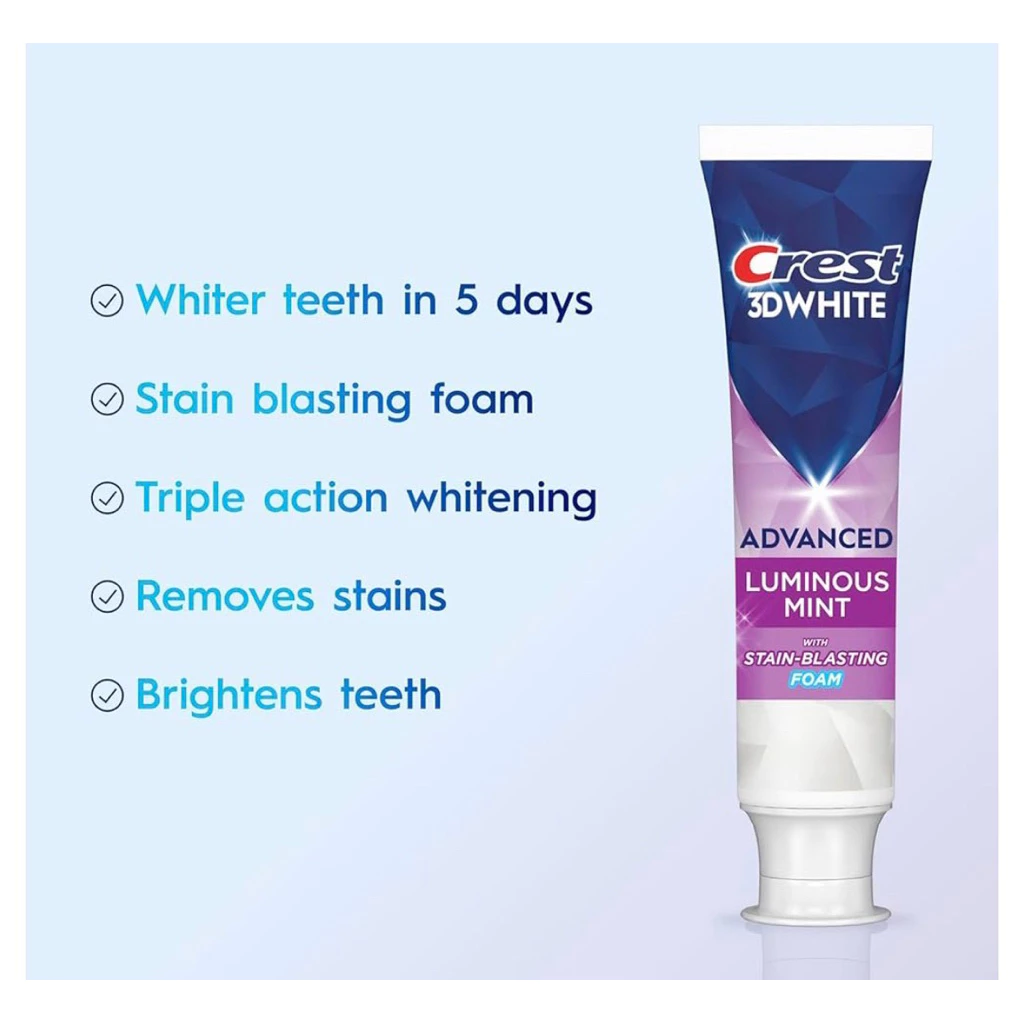 Crest 3D Toothpaste Advanced Luminous Mint Whiter Teeth in 5 Days 3.7 OZ